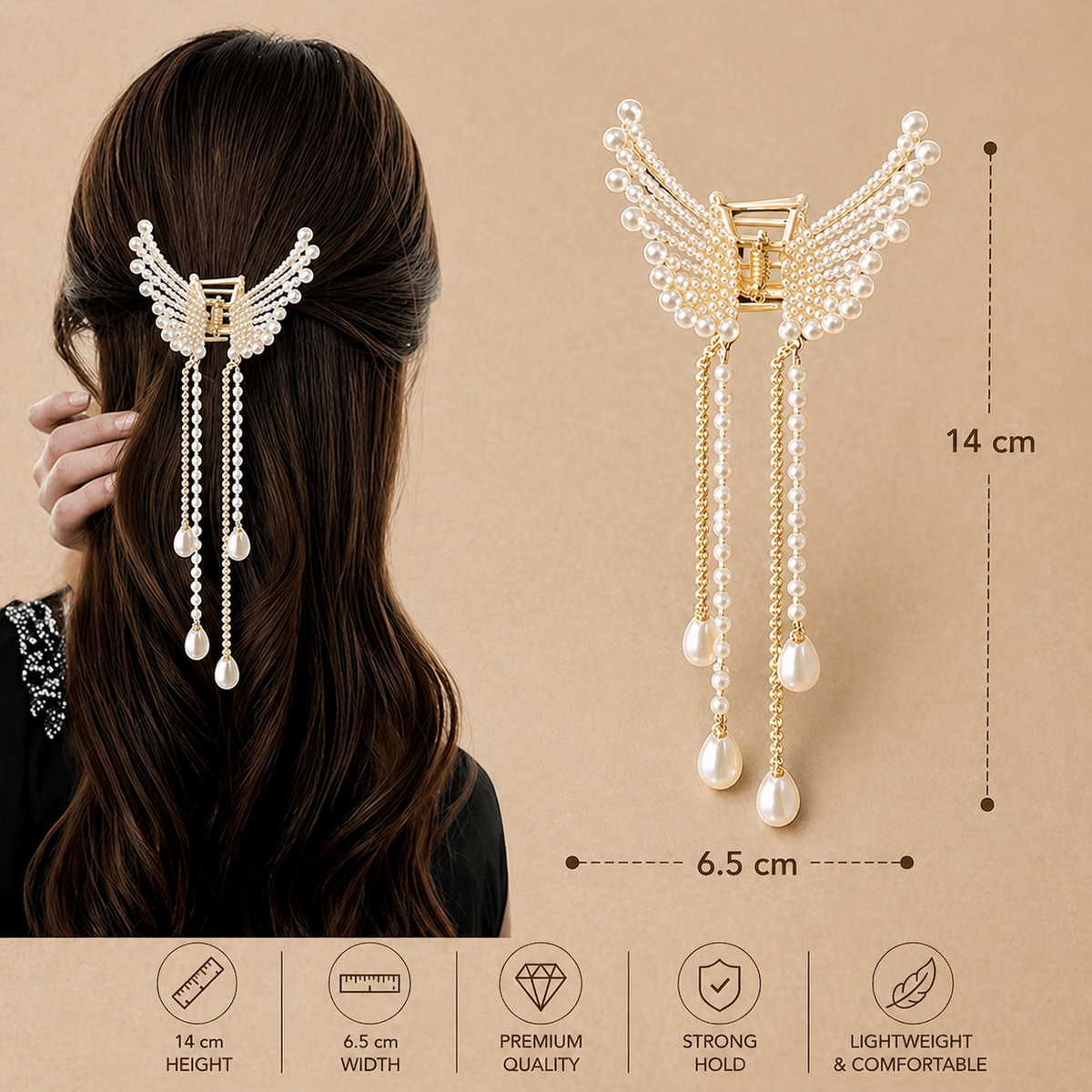 PARA CABELO 2 Pcs Pearl Butterfly Hair Claw Clips with Tassels for Women & Girls Party Wear Hair Accessory Set (Gold, White)