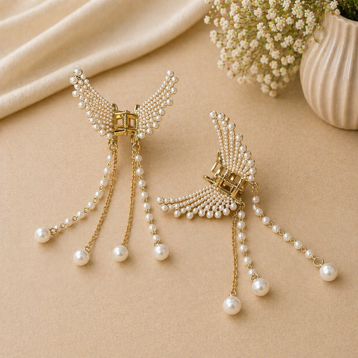 PARA CABELO 2 Pcs Pearl Butterfly Hair Claw Clips with Tassels for Women & Girls Party Wear Hair Accessory Set (Gold, White)