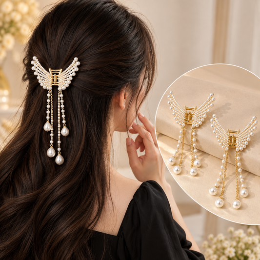 PARA CABELO 2 Pcs Pearl Butterfly Hair Claw Clips with Tassels for Women & Girls Party Wear Hair Accessory Set (Gold, White)