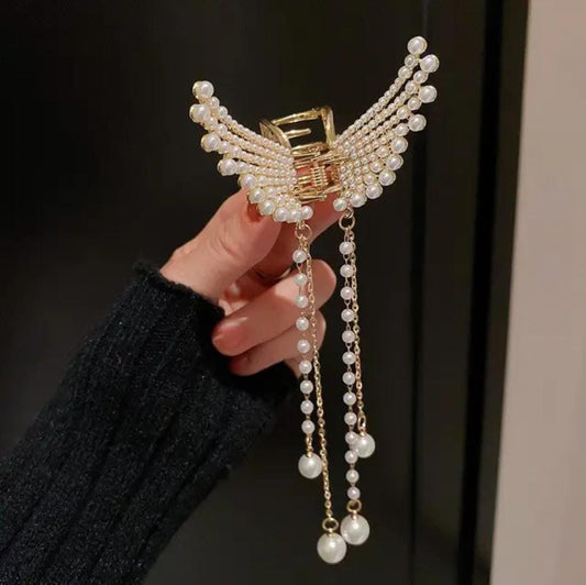PARA CABELO 2 Pcs Pearl Butterfly Hair Claw Clips with Tassels for Women & Girls Party Wear Hair Accessory Set (Gold, White)